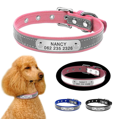 Reflective Personalized Dog Collar Leather Dog Cat ID Collar Custom Engraved Puppy Nameplate Collars For Small Pets Cats XS-M