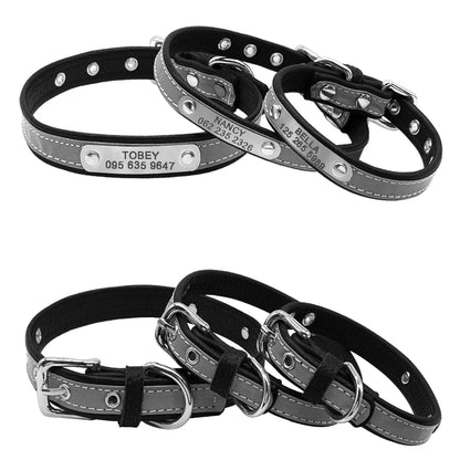 Reflective Personalized Dog Collar Leather Dog Cat ID Collar Custom Engraved Puppy Nameplate Collars For Small Pets Cats XS-M