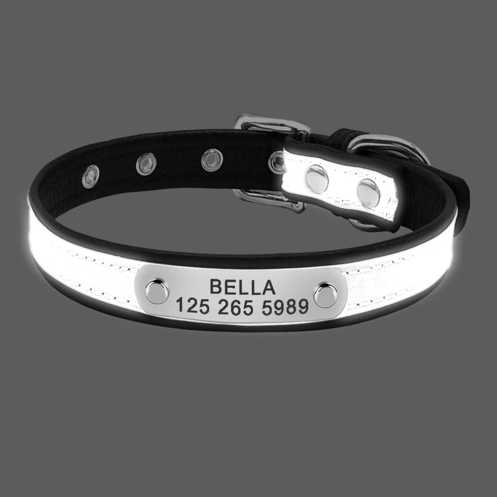 Reflective Personalized Dog Collar Leather Dog Cat ID Collar Custom Engraved Puppy Nameplate Collars For Small Pets Cats XS-M